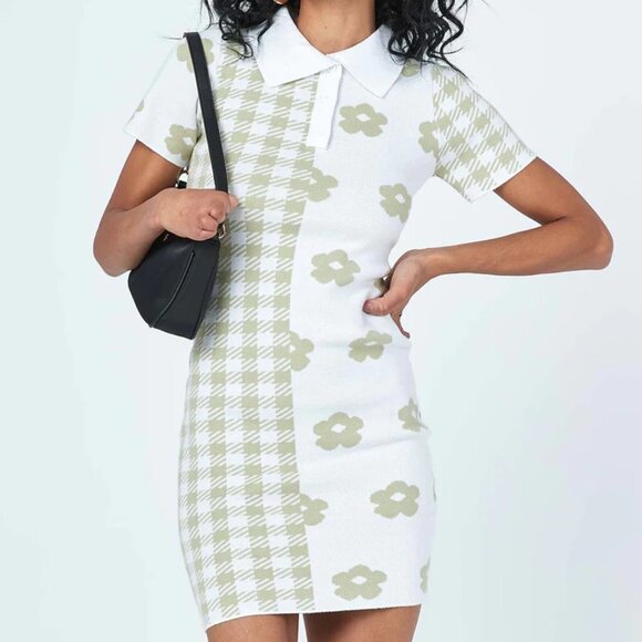 #19❤️ NEW WITH TAGS PRINCESS POLLY LAINEY MINI DRESS IN SAGE & WHITE - Picture 1 of 7